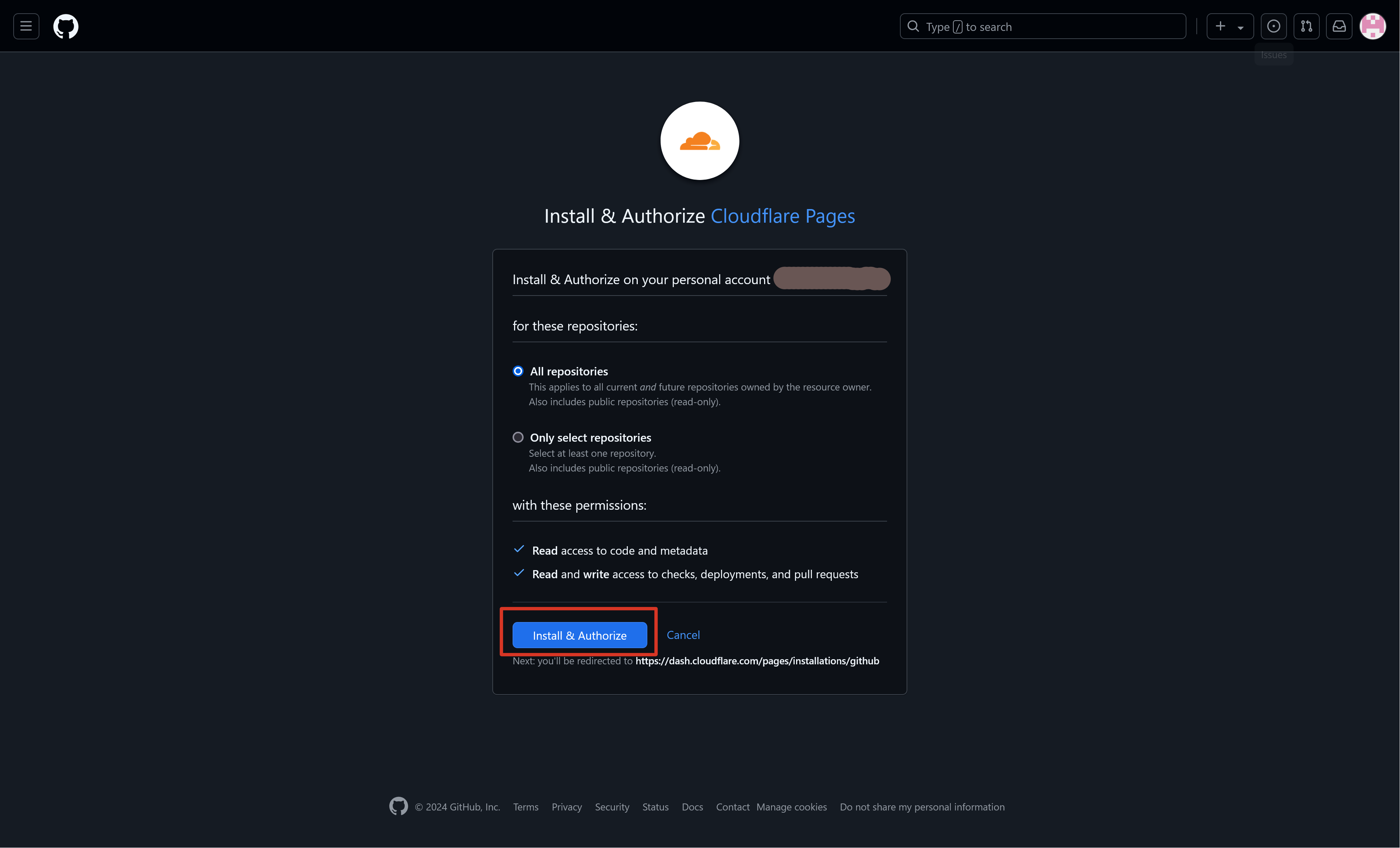 cloudflare install & authorize GitHub