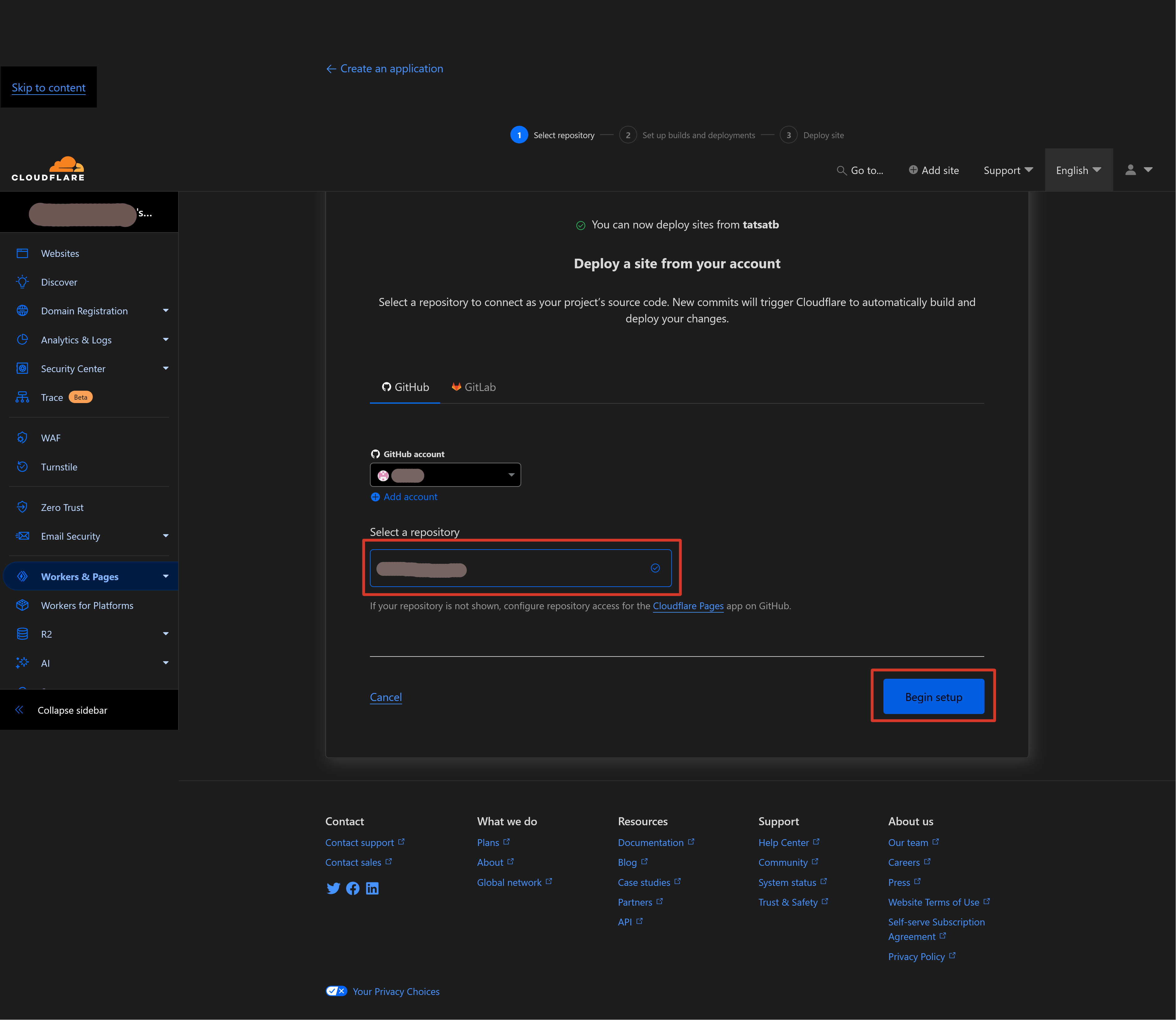 cloudflare select repo and begin setup