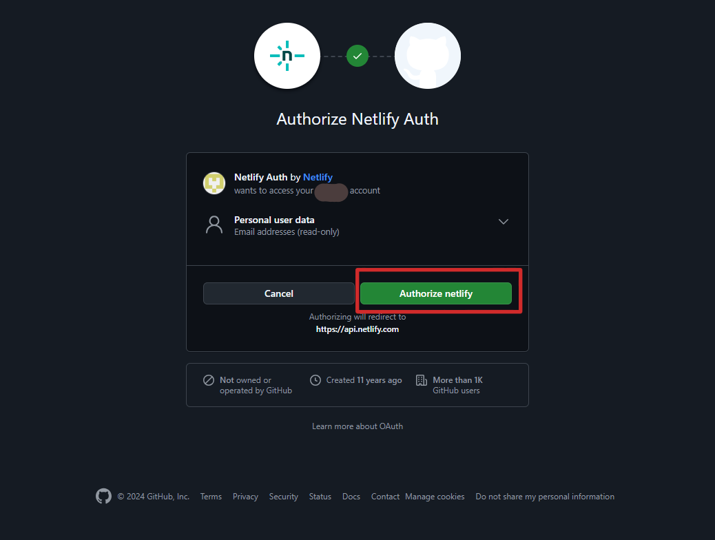 netlify install/authorize 1