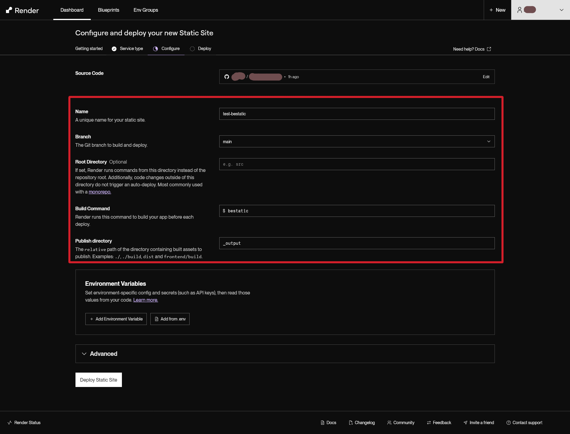 Render build settings